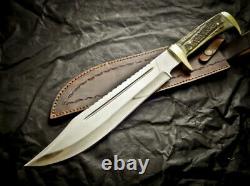 15 custom & handmade D2 steel hunting bowie knife with stag horn leather sheath