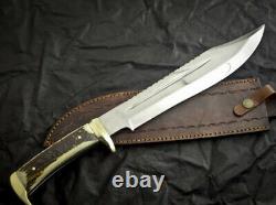 15 custom & handmade D2 steel hunting bowie knife with stag horn leather sheath