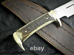 15 custom & handmade D2 steel hunting bowie knife with stag horn leather sheath