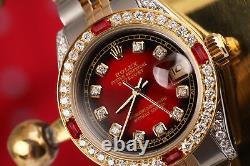 26mm Rolex Diamond Datejust Red Vignette 18k Yellow Gold & Ss Watch