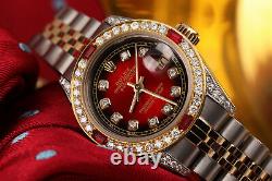 26mm Rolex Diamond Datejust Red Vignette 18k Yellow Gold & Ss Watch