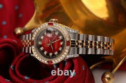 26mm Rolex Diamond Datejust Red Vignette 18k Yellow Gold & Ss Watch