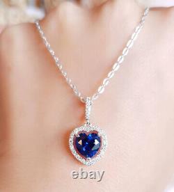 3Ct Heart Cut Blue Sapphire Diamond Simulated Pendent 14K White Gold Over, Chain