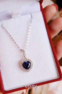 3Ct Heart Cut Blue Sapphire Diamond Simulated Pendent 14K White Gold Over, Chain