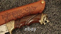 Awesome Custom Handmade Knife Lion Hunting Plated Pattern + Leather Sheath