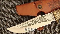 Awesome Custom Handmade Knife Lion Hunting Plated Pattern + Leather Sheath