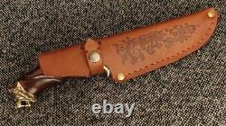 Awesome Custom Handmade Knife Lion Hunting Plated Pattern + Leather Sheath