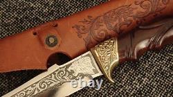 Awesome Custom Handmade Knife Lion Hunting Plated Pattern + Leather Sheath