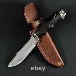 Black Custom Handmade Knife Leaf Hunting Plated Pattern + Leather Sheath #2