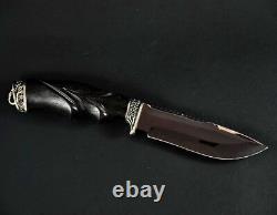 Black Custom Handmade Knife Leaf Hunting Plated Pattern + Leather Sheath #2