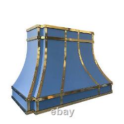 Blue Grey Stainless Steel Custom Range Vent Hood kitchen Canopy with Brass Bands