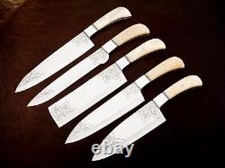 CUSTOM HANDMADE Stainless STEEL KITCHEN CHEF KNIFE SET Camel Bone Handle