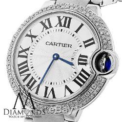 Cartier Ballon Bleu W69011Z4 Watch Pave Diamond Bezel Box&Papers 37mm MidSize