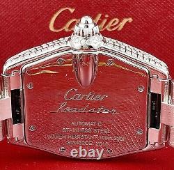 Cartier Roadster 38mm Men's Steel Watch Silver Dial Iced 10ct Diamonds Ref 2510