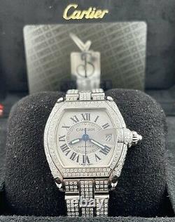 Cartier Roadster 38mm Men's Steel Watch Silver Dial Iced 10ct Diamonds Ref 2510