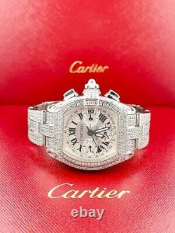 Cartier Roadster XL Men's Watch Silver Dial 43mm Iced Out 12ct Diamonds Ref 2618