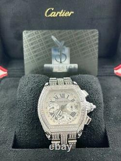Cartier Roadster XL Men's Watch Silver Dial 43mm Iced Out 12ct Diamonds Ref 2618