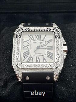 Cartier Santos 100 XL Mens Iced Out 4.5ct Genuine Diamonds Roman Rubber Ref 2656