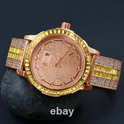 Custom Canary Solid Steel Bezel Rose Gold Tone Real Diamonds Band Watch WithDate