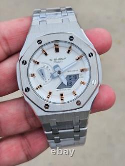 Custom Casio G-Shock GA-2100 White Mod Stainless Steel Strap Rose gold ring