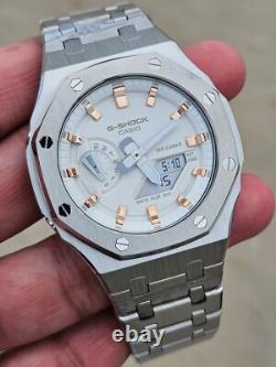 Custom Casio G-Shock GA-2100 White Mod Stainless Steel Strap Rose gold ring