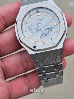Custom Casio G-Shock GA-2100 White Mod Stainless Steel Strap Rose gold ring