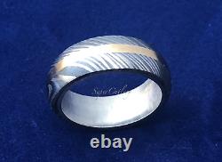 Custom Damascus Steel Wedding Band Dome shape Brass Line Stainless Steel inlay