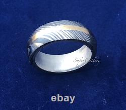 Custom Damascus Steel Wedding Band Dome shape Brass Line Stainless Steel inlay