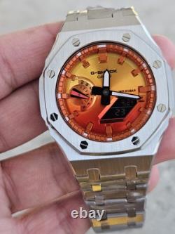 Custom G-Shock GA-2100FL-8 Mod Silver Stainless Steel Case Sunset Dial 20B