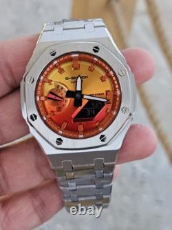 Custom G-Shock GA-2100FL-8 Mod Silver Stainless Steel Case Sunset Dial 20B