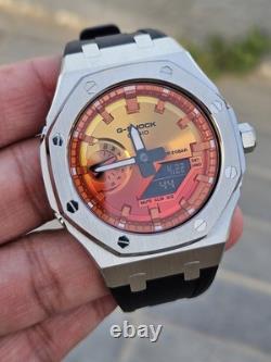 Custom G-Shock GA-2100FL-8 Mod Silver Stainless Steel Case Sunset Dial 20B