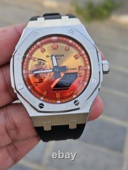 Custom G-Shock GA-2100FL-8 Mod Silver Stainless Steel Case Sunset Dial 20B