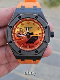 Custom G-Shock GA-2100FL-8 Mod Silver Stainless Steel Case Sunset Dial 20B