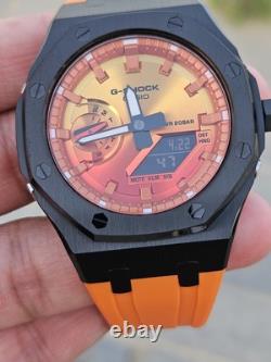 Custom G-Shock GA-2100FL-8 Mod Silver Stainless Steel Case Sunset Dial 20B