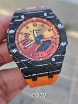 Custom G-Shock GA-2100FL-8 Mod Silver Stainless Steel Case Sunset Dial 20B
