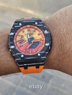 Custom G-Shock GA-2100FL-8 Mod Silver Stainless Steel Case Sunset Dial 20B