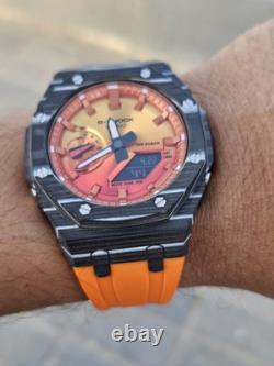 Custom G-Shock GA-2100FL-8 Mod Silver Stainless Steel Case Sunset Dial 20B