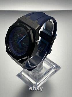 Custom GA2100VB-1A CasiOak G-Shock Black Stainless Steel with Blue Rubber Strap