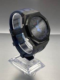 Custom GA2100VB-1A CasiOak G-Shock Black Stainless Steel with Blue Rubber Strap