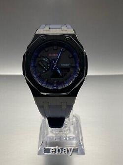 Custom GA2100VB-1A CasiOak G-Shock Black Stainless Steel with Blue Rubber Strap