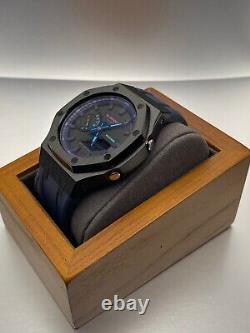 Custom GA2100VB-1A CasiOak G-Shock Black Stainless Steel with Blue Rubber Strap