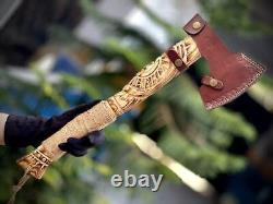 Custom Gift Forged Damascus Steel Viking Axe with Rose Wood Shaft, Viking Bearde