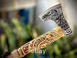 Custom Gift Forged Damascus Steel Viking Axe with Rose Wood Shaft, Viking Bearde