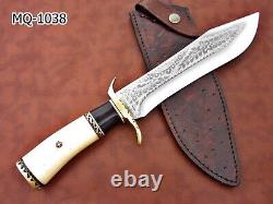 Custom Hand Engraved Stainless Steel Bowie Knife With Sheath, Camel Bone Handle