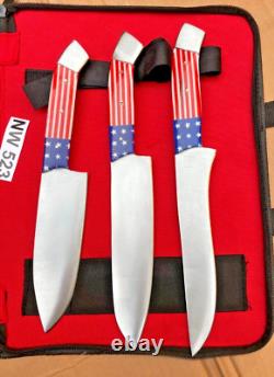 Custom Hand Forged Flag Stainless Steel Chef Knife Set 6 Pc Kitchen With Cover