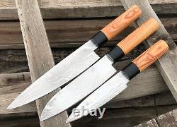 Custom Hand Forged Stainless Steel Damascus Olive Wood Handle Kitchen Knife Set