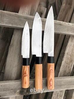 Custom Hand Forged Stainless Steel Damascus Olive Wood Handle Kitchen Knife Set