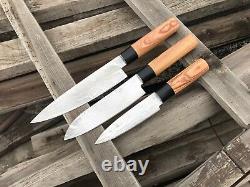 Custom Hand Forged Stainless Steel Damascus Olive Wood Handle Kitchen Knife Set