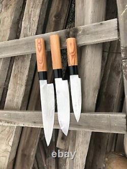 Custom Hand Forged Stainless Steel Damascus Olive Wood Handle Kitchen Knife Set