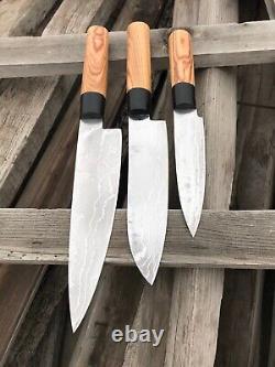 Custom Hand Forged Stainless Steel Damascus Olive Wood Handle Kitchen Knife Set